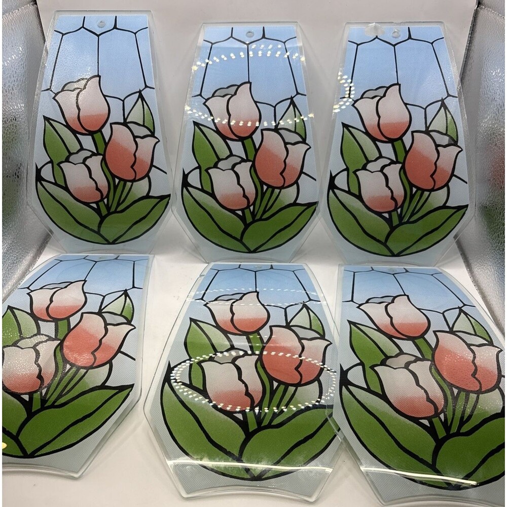 Vintage 6 Panel Glass Lamp Shade Blue With Tulips Touch Lamp Replacement Panels